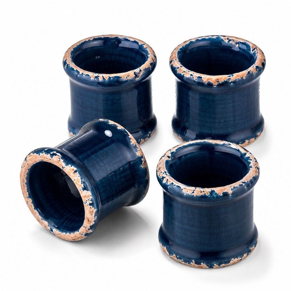 Williams Sonoma Rustic Ceramic Napkin Rings Set 4 Blue Crackle Glaze Italy New